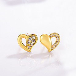 Golden Brass Micro Pave Clear Cubic Zirconia Stud Earrings, Heart, Golden, 10.09x9.22mm