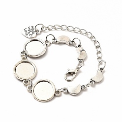 Antique Silver Alloy Bracelets & Anklets Making, Moon Link Bracelet with Heart Charm, Blank Cabochon Setting, Antique Silver, 9-1/4 inch(23.5cm), Round Tray: 12mm