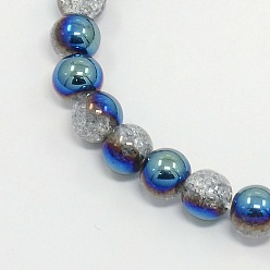 Blue Round Half Electroplate Crackle Quartz Beads Strands, Synthetic, Blue, 6mm, Hole: 1mm, about 65pcs/strand, 14.5 inch