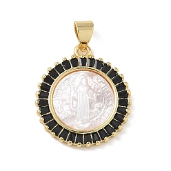 Черный Религия латунь микро проложить цирконий подвески, с оболочкой, плоский круглый со святыми подвесками, стойки покрытие, долговечный, без кадмия и без свинца, реальный 18 k позолоченный, чёрные, 21.5x18.5x3.5 мм, отверстие : 4.5x3.5 мм