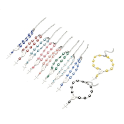 Mixed Color 201 Stainless Steel Cross Charm Bracelet, Enamel Evil Eye Rosary Beaded Religion Theme Bracelet for Women, Mixed Color, 6-1/8 inch(15.7cm)