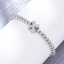 Letter X Латунные круглые бусины эластичные браслеты, Подвеска в виде буквы из латуни с микропаве из прозрачного кубического циркония для женщин, без свинца и без кадмия, стойки покрытие, платина, Письмо X, внутренний диаметр: 2~2-1/8 дюйм (5~5.5 см)