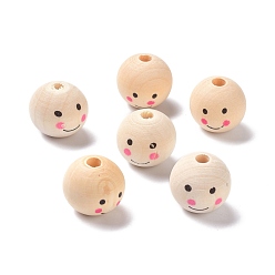 PapayaWhip (Defective Closeout Sale: Imprinted), Natural Wood Beads, Large Hole Beads, Round with Smile Face, PapayaWhip, 19x18mm, Hole: 4mm, about 180pcs/500g