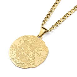 Golden 304 Stainless Steel Pendant Necklaces, Flat Round with Human Pattern, Golden, 23.46 inch(59.6cm)