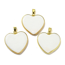 White Handmade Lampwork Pendants, with Brass Findings, Long-Lasting Plated, Lead Free & Cadmium Free, Heart Charms, White, 31~32x31~31.5x5mm, Hole: 6.5x4mm
