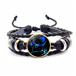 Pisces Leather Triple Layer Multi-strand Bracelets, with Glass Constellation Links, Pisces, 7-1/8 inch(18cm)