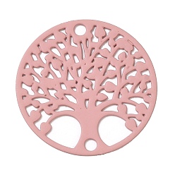 Pink Spray Painted 430 Stainless Steel Connector Charms, Flat Round with Tree of Life Link, Pink, 20x0.5mm, Hole: 1.8mm