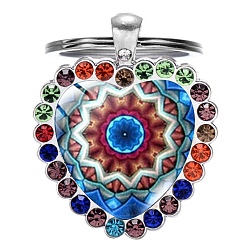 Colorful Heart Rhinestone Time Gem Glass Keychain, Yoga Mandala Flower Pendant Keychain, with with Alloy Findings, Colorful, 2.5cm