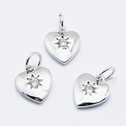 Real Platinum Plated Brass Micro Pave Cubic Zirconia Charms, Long-Lasting Plated, Lead Free & Nickel Free & Cadmium Free, Heart, Real Platinum Plated, 10x8.5x2mm, Hole: 3mm