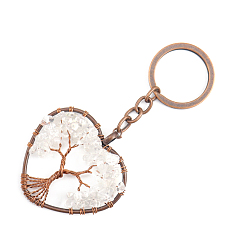 Quartz Crystal Natural Quartz Crystal Pendant Keychains, with Brass Findings and Alloy Key Rings, Heart with Tree of Life, 10.7cm