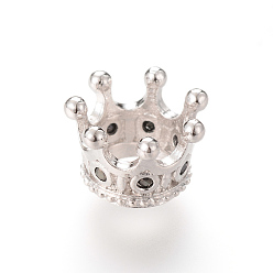 Platinum Brass Micro Pave Cubic Zirconia Beads, Crown, Platinum, 11x7mm, Hole: 6mm