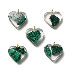 Medium Sea Green Transparent Resin Pendants, Heart Charms, with Synthetic Dyed Malachite Inside, Golden, Medium Sea Green, 13x17x6mm, Hole: 2mm