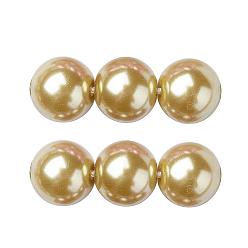 Khaki Eco-Friendly Dyed Glass Pearl Round Beads Strands, Grade A, Cotton Cord Threaded, Khaki, 14mm, Hole: 0.7~1.1mm, about 30pcs/strand, 15 inch