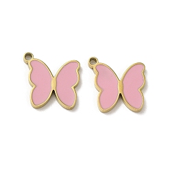 Pink Ion Plating(IP) 316L Surgical Stainless Steel Charms, with Enamel, Real 18K Gold Plated, Butterfly Charm, Pink, 12x11.5x1.5mm, Hole: 1.4mm
