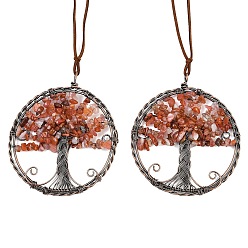 Красный Агат Подвесные украшения из латуни и натуральной сердоликовой крошки, плоский круглый с подвесными украшениями в виде дерева жизни, 390~400 мм