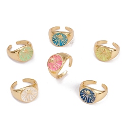 Mixed Color Brass Enamel Cuff Rings, Open Rings, Long-Lasting Plated, Real 18K Gold Plated, Flat Round with Planet, Mixed Color, 3~14.5mm, Inner Diameter: 18.3mm