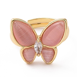 Pink Cat Eye Butterfly Adjustable Ring with Clear Cubic Zirconia, Real 18K Gold Plated Brass Jewelry for Women, Cadmium Free & Lead Free, Pink, Inner Diameter: 18~21mm