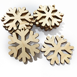 Snowflake Unfinished Wood Pendant Decorations, with Hemp Rope, for Christmas Ornaments, Snowflake, 6x6cm, 10pcs/bag
