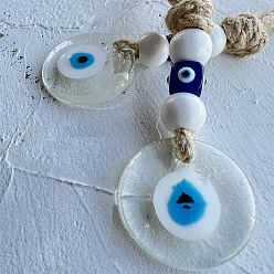Clear Flat Round with Evil Eye Glass Pendant Decorations, Hemp Rope Hanging Ornament, Clear, 180mm