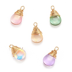 Mixed Color Transparent Glass Pendants, with Gold Copper Wire Wrapped Pendants, Teardrop, Mixed Color, 18.5x10x6mm, Hole: 2mm