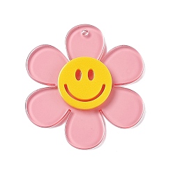Pink Pendentifs acryliques transparents, tournesol avec breloque visage souriant, rose, 55x50.5x6mm, Trou: 2.5mm