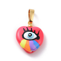 Светло-Вишневый Латунь эмаль подвески, золотые, сердце с сглаза, светло-вишневый, 17x14.5x5 мм, отверстие : 6.3x3.7 мм
