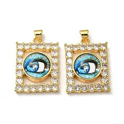 Light Sky Blue Real 18K Gold Plated Brass Pendants, with Glass and Acrylic, Rectangle with Evil Eye Charms, Light Sky Blue, 27x20x7mm, Hole: 4.5x4mm