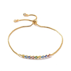 Colorful Enamel Heart with Evil Eye Link Slider Bracelet with Cubic Zirconia, Real 18K Gold Plated Brass Lucky Jewelry for Women, Colorful, Inner Diameter: 1/2~3-1/4 inch(1.2~8.3cm)