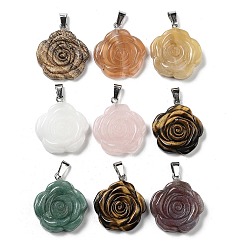 Mixed Stone Natural Mixed Stone Carved Pendants, Flower Charms with Platinum Plated Iron Snap on Bails, 34~36x30.5~32x7~8mm, Hole: 7x3.5mm