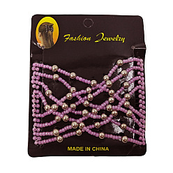 Violet Fabricant de pain de cheveux en acier, peigne double élastique, avec des perles de verre et des billes de plastique plaquées abs, violette, 75x85mm