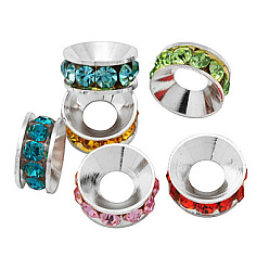 Mixed Color Brass Rhinestone Spacer Beads, Grade A, Rondelle, Silver Color Plated, Mixed Color, 7x3.3mm