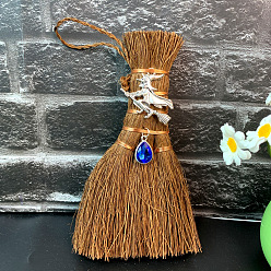 Witch Wood Wicca Broom Car Hanging Decoration, with Alloy Decoration and Teardrop Glass Charm, Witch, 140x90mm