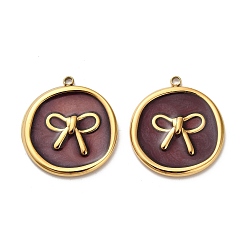Индийский Красный 304 подвески из нержавеющей стали, плоские круглые с бантом, с эмалью, реальный 18 k позолоченный, ионное покрытие (ip), Индийская красная, 27x24.5x2.5 мм, отверстие : 1.8 мм