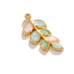 Aqua Stainless Steel Pendants, with Enamel, Golden, Leafy Branch Charms, Aqua, 20x8mm, Hole: 1.5mm