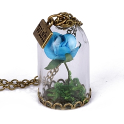 Deep Sky Blue Glass Dried Flower Wishing Bottle Pendant Necklace, with Antique Bronze Alloy Cable Chains, Deep Sky Blue, 23.62 inch(60cm)