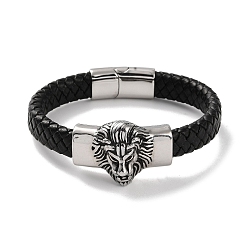 Antique Silver Men's Braided Black PU Leather Cord Bracelets, Lion 304 Stainless Steel Link Bracelets with Magnetic Clasps, Antique Silver, 8-5/8 inch(22cm)