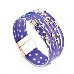 Medium Blue Independence Day PU Leather Multi-strand Bracelets for Women, with Alloy Magnetic Clasps, Medium Blue, 7-7/8 inch(20cm)