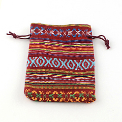 FireBrick Ethnic Style Cloth Packing Pouches Drawstring Bags, Rectangle, FireBrick, 14x10cm