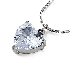 Прозрачный 304 Женские ожерелья в форме сердца с подвеской из кубического циркония из нержавеющей стали в форме круглой змеи, цвет нержавеющей стали, прозрачные, 17.91 дюйм (45.5 см)