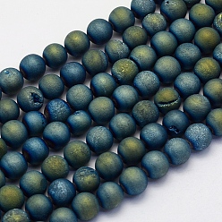 Green Plated Electroplate Natural Druzy Agate Beads Strands, Round, Frosted, Green Plated, 8mm, Hole: 1mm, about 45~48pcs/strand, 14.9 inch(38cm)