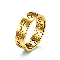 Golden Hollow Word Stainless Steel Finger Rings, Rune Words Odin Norse Viking Amulet Jewelry, Golden, Inner Diameter: 16mm