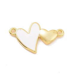 White Eco-friendly Rack Plating Brass Enamel Connector Charms, Cadmium Free & Lead Free, Long-Lasting Plated, Double Heart Links, Real 18K Gold Plated, White, 10.5x17.5x2mm, Hole: 1mm
