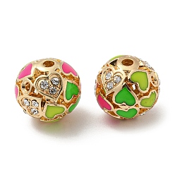 Lime Green Golden Alloy Enamel Beads, with Rhinestone, Round with Heart, Lime Green, 12x11.5mm, Hole: 1.8mm