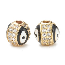 Black Brass Micro Pave Cubic Zirconia Charms, with Enamel,  Long-Lasting Plated, Flat Round with Evil Eye, Real 18K Gold Plated  , Black, 8mm, Hole: 2mm
