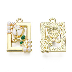 White Rack Plating Alloy Enamel Pendants, with ABS Imitation Pearls Beads, Cadmium Free & Lead Free, Rectangle with Rose, Golden, White, 18.5x12.5x4mm, Hole: 1.2mm
