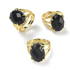 Синий Драгоценный Камень Латунные манжеты с открытыми кольцами, с синтетическим голубым Голдстоун, овальные, граненые, стойки покрытие, долговечный, золотые, 18 мм