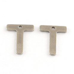 Letter T 201 Stainless Steel Letter Charms, Letter.T, 11x5.5~12x0.5mm, Hole: 1mm