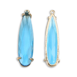 Light Sky Blue Transparent K9 Glass Pendants, with Light Gold Plated Brass Findings, Cadmium Free & Lead Free, Faceted, Teardrop, Light Sky Blue, 32x9x6mm, Hole: 1.2mm