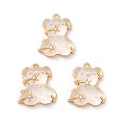 Floral White Transparent Resin Crystal Rhinestone Pendants, Bear Charms, with Rack Plating Real 14K Gold Plated Brass Findings, Cadmium Free & Lead Free, Floral White, 23x20.5x10mm, Hole: 1.8mm