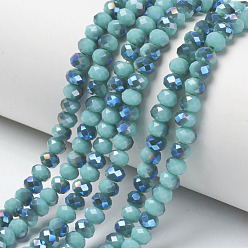 Medium Turquoise Electroplate Opaque Solid Color Glass Beads Strands, Half Plated, Blue Plated, Faceted, Rondelle, Medium Turquoise, 4x3mm, Hole: 0.4mm, about 123~127pcs/strand, 16.5~16.9 inch(42~43cm)